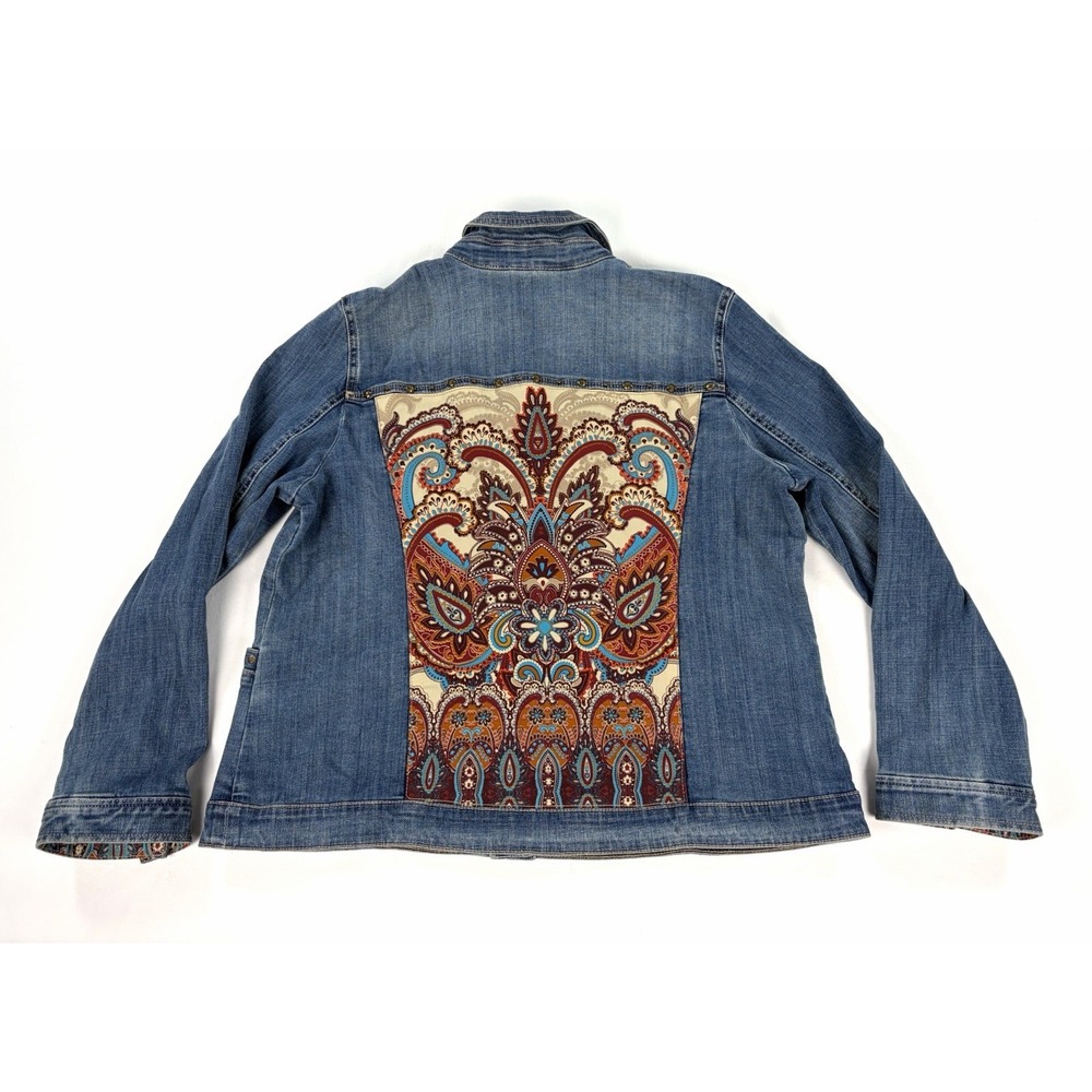 Chico's Women's Denim Jacket Size 2 Large Blue Tapestry Paisley Button Front